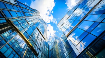 Obraz premium Modern European office buildings in a business district with blue skies above.