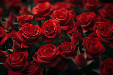 A close up of many red roses