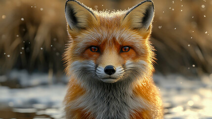 Fototapeta premium A red fox in a wintery scene, its fur glowing with golden light