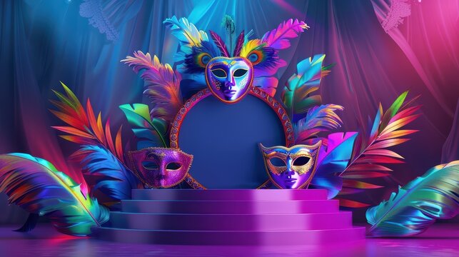 Colorful masquerade stage backdrop with vibrant masks and tropical leaves, perfect for festive events and themed parties.