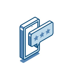 isometric vector smartphone with text bubble with stars linear icon, in color on white background, online rating