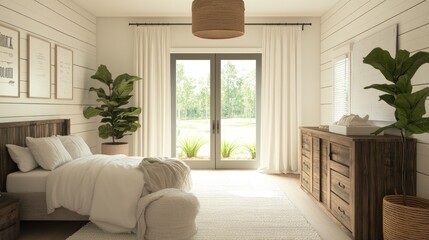 Fototapeta premium A bright bedroom with a wooden bed and dresser, large windows with white curtains and a rug.