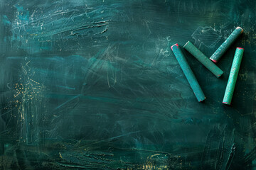 A green background with a chalkboard and four green crayons on it