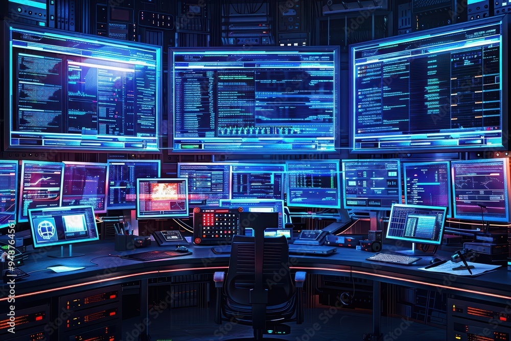 Poster futuristic control room with multiple screens displaying data and graphs. high-tech workspace for mo