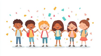 Excited schoolchildren greeting friends on their first school day Back to School greeting card