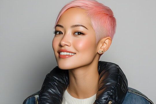 Young beautiful modern woman in her 20s, wearing a winter jacket and looking at the camera, perfect clear skin 