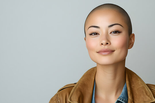 Very beautiful asian woman with very short hair,  clear skin wearing a trendy winter beige jacket 