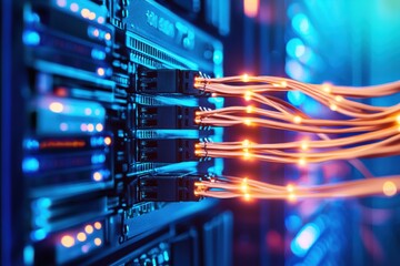 Close-up of illuminated server connections showcasing vibrant cables and lights in a data center environment.