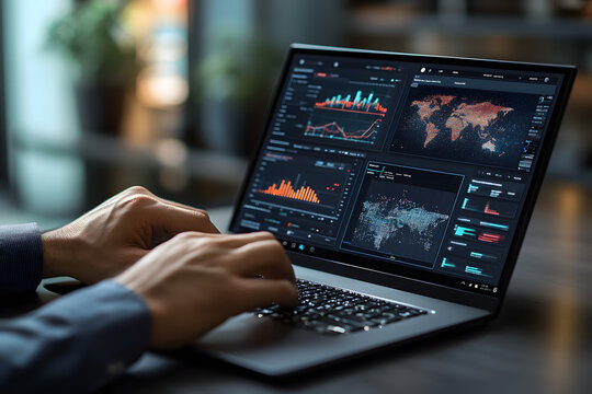 Man working on a computer and monitor shows the data on the screen, screen showing charts and diagrams 
