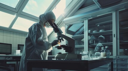 Scientist analyzing samples under a microscope in a modern lab, showcasing dedication to research and innovation.