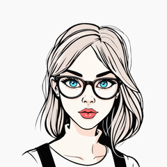 Graphic illustration of a girl with stylized eyeglasses. cartoon face fashionable cute girl face digital artwork.