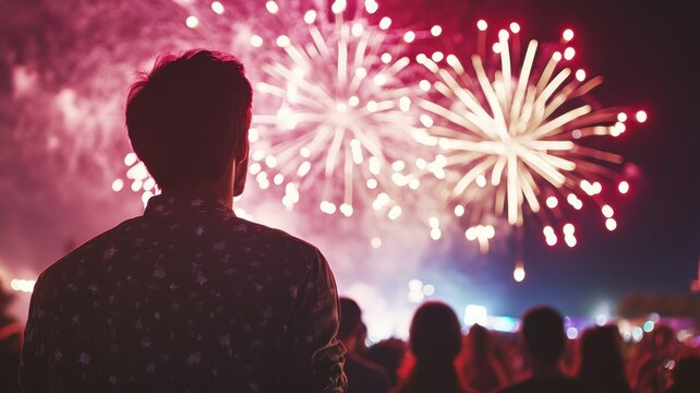 Man watching fireworks during a night celebration