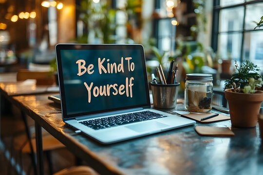 Motivational message Be Kind To Yourself on laptop screen.
