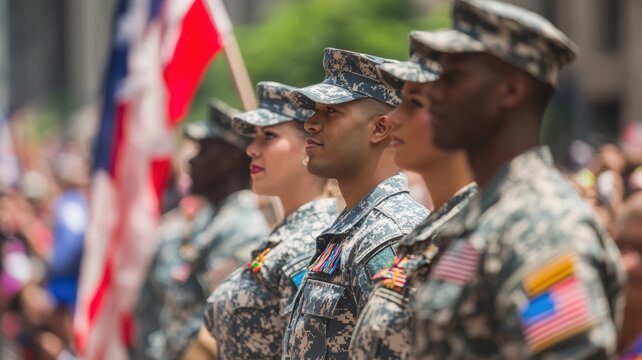 Diverse group of soldiers participating in USA Independence Day parade