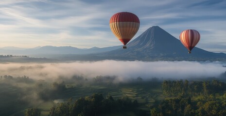Naklejka premium Photo of two hot air balloons flying over Mount Flora, an Indonesian volcano landscape with foggy mountains in the background Generative AI
