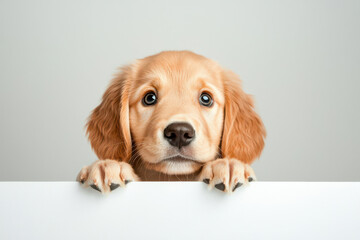 A cute golden retriever puppy peeking over a white surface, showcasing its adorable features and expressive eyes.