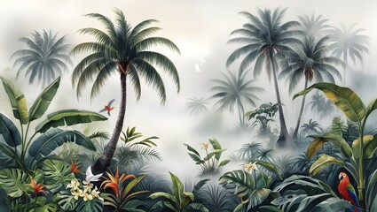 Tropical jungle palm trees, banana tree. Botanical Jungle watercolor illustrations plants.
