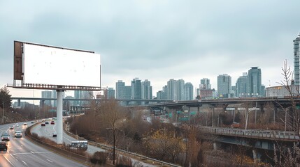 Urban landscape featuring a blank billboard alongside a busy highway with a city skyline in the background under overcast skies.
