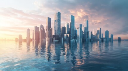 Fototapeta premium A stunning cityscape with futuristic skyscrapers reflecting off calm water at sunset, encapsulating modern architecture and tranquil urban scenery.