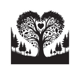 Set of love trees silhouettes nature