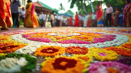 Intricate Pookalam floral design for Onam festival in Kerala