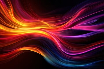 Vibrant abstract wave patterns in orange, pink, and blue tones create a dynamic and energetic visual on a dark background.