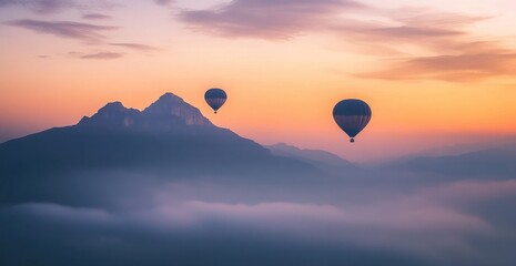 Fototapeta premium two hot air balloons floating above the foggy and misty Mount Logoq, with the mountain protruding from behind them Generative AI
