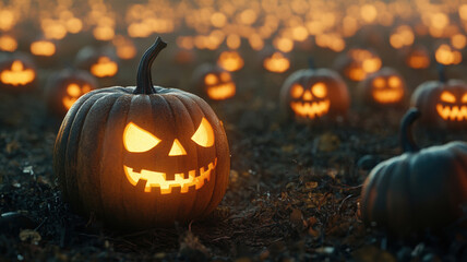 Fototapeta premium Glowing jack-o'-lanterns in a pumpkin patch during Halloween night
