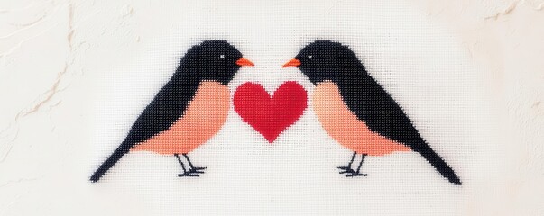 Simple and elegant cross-stitch of two birds facing each other, forming a heart shape with their bodies, cross-stitch couple bird, love and unity