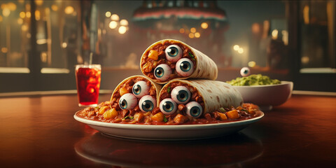 Burrito full of eyeballs, anatomy human eyeball, spooky, halloween, mexican food, gross