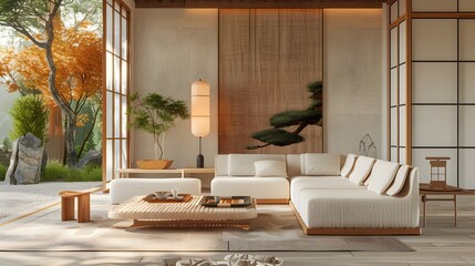 Home minimal interior design living room with Asia antique culture Chinese or Japan style, decorate with clean home furniture, and warm tone background, with Generative 