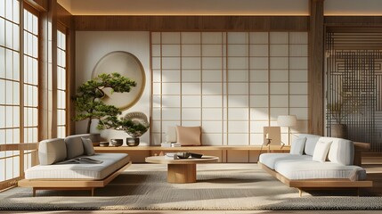 Home minimal interior design living room with Asia antique culture Chinese or Japan style, decorate with clean home furniture, and warm tone background, with Generative 