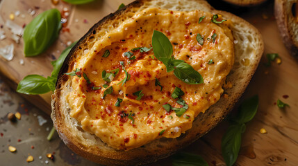  liptauer spicy cheese spread eaten on slice of bread, top view