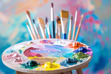 Fototapeta premium Colorful palette and paintbrushes symbolizing creativity in design