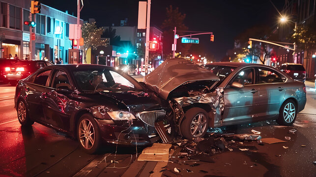  broken car, accident, two cars collided at an expensive accident at night 