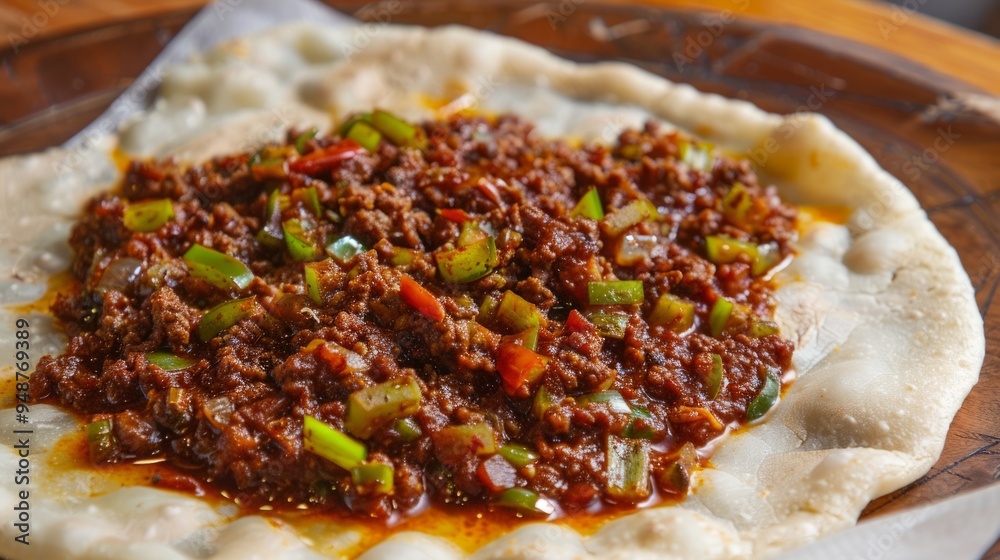 Poster Close-up of a flatbread topped with a flavorful meat and vegetable sauce.