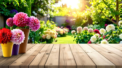Fototapeta premium Empty wooden table on the background of flowers