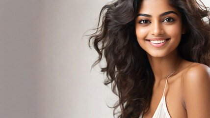 Naklejka premium Indian woman in early twenties with flawless, glowing skin. Portrait captures the essence of her youthful elegance and happiness.