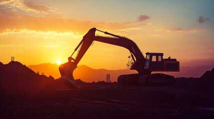 Silhouette of an excavator at a construction site during sunset, capturing the essence of heavy machinery and industrial work in a dramatic setting.
