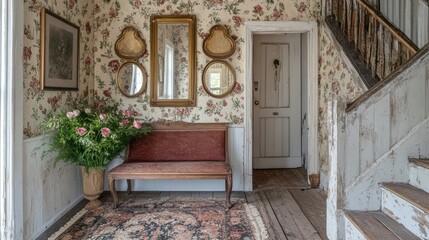 french country entryway, country-style french entryway features a vintage bench, floral wallpaper, and antique mirrors, creating a warm and inviting atmosphere for guests entering the home