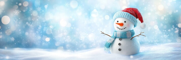 Fototapeta premium Christmas background with snowman and copy space, winter holiday card design
