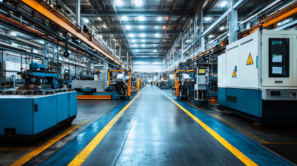Obraz premium Interior of a large, automated manufacturing facility with modern machinery and equipment, highlighting industrial efficiency and advanced production technology. 