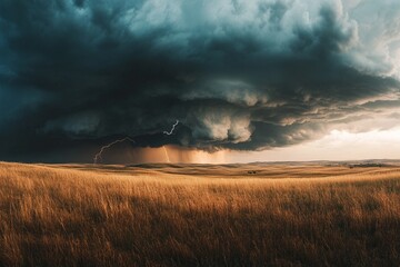 Majestic Thunderstorm Over Golden Prairie Landscape