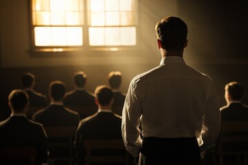 Educational process in a classroom with a young man reading a book.