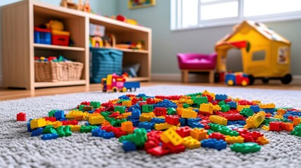 Fototapeta premium Colorful plastic building blocks on floor in children's playroom with natural light