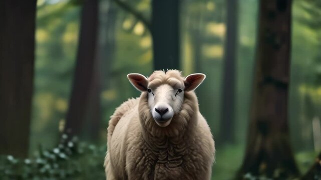 A curious sheep explores a serene forest environment during the early morning hours