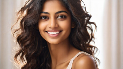 Fototapeta premium Indian woman in early twenties with flawless, glowing skin. Portrait captures the essence of her youthful elegance and happiness.