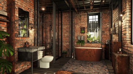 Industrial bathroom with exposed brick walls, rustic wooden floor, and a freestanding copper bathtub.
