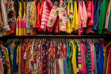A closet filled with an assortment of bright, colorful clothes, neatly arranged to display their vivid hues, Explore the endless racks of colorful clothing and accessories. AI generated