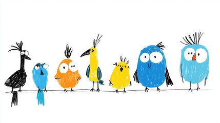 A whimsical illustration of colorful cartoon birds perched on a wire, adding a playful touch to any design.